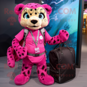 Magenta Cheetah mascot costume character dressed with a Cargo Pants and Messenger bags