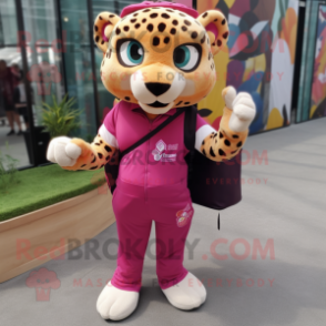 Magenta Cheetah mascot costume character dressed with a Cargo Pants and Messenger bags