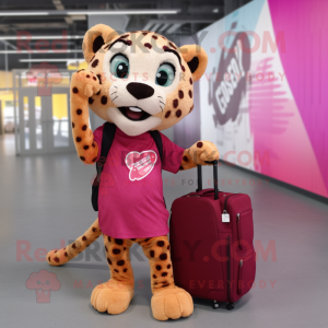 Magenta Cheetah mascot costume character dressed with a Cargo Pants and Messenger bags