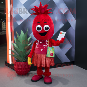 Red Pineapple mascot costume character dressed with a Mini Dress and Wallets