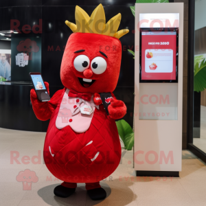 Red Pineapple mascot costume character dressed with a Mini Dress and Wallets