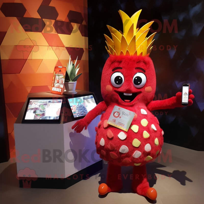 Red Pineapple mascot costume character dressed with a Mini Dress and Wallets Red Pineapple mascot costume character dressed with a Mini Dress and Wallets