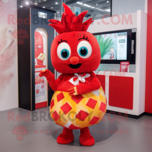 Red Pineapple mascot costume character dressed with a Mini Dress and Wallets