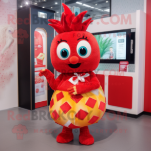 Red Pineapple mascot costume character dressed with a Mini Dress and Wallets
