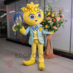 Lemon Yellow Bouquet Of Flowers mascot costume character dressed with a Flare Jeans and Bow ties