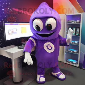 Purple Computer mascot costume character dressed with a Sweatshirt and Lapel pins