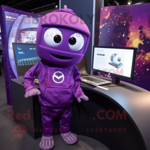 Purple Computer mascot costume character dressed with a Sweatshirt and Lapel pins