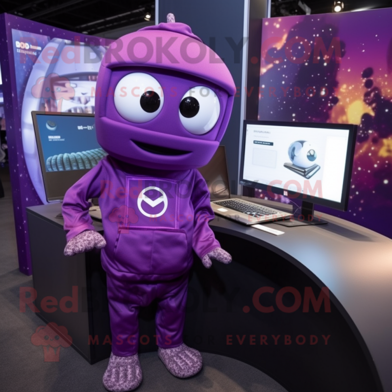 Purple Computer mascot costume character dressed with a Sweatshirt and Lapel pins Purple Computer mascot costume character dressed with a Sweatshirt and Lapel pins
