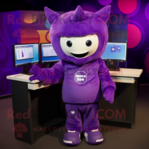 Purple Computer mascot costume character dressed with a Sweatshirt and Lapel pins