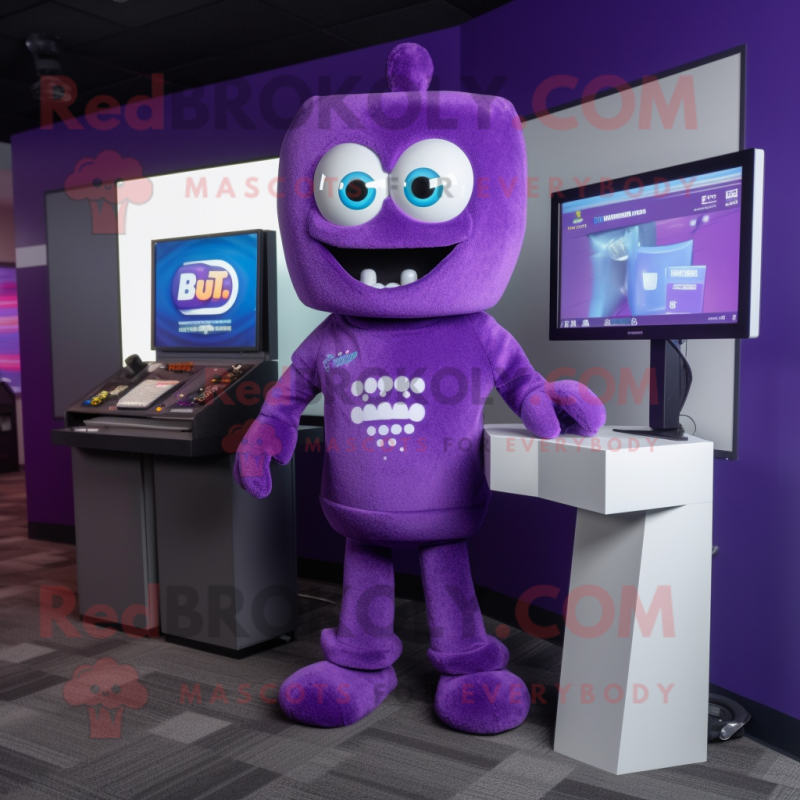 Purple Computer mascot costume character dressed with a Sweatshirt and Lapel pins