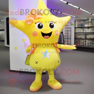 Yellow Starfish mascot costume character dressed with a A-Line Dress and Backpacks