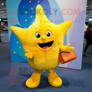 Yellow Starfish mascot costume character dressed with a A-Line Dress and Backpacks