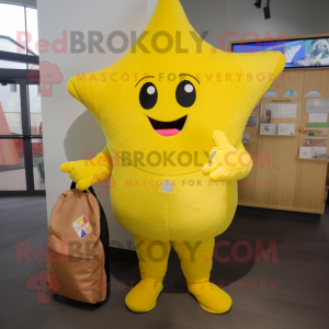 Yellow Starfish mascot costume character dressed with a A-Line Dress and Backpacks