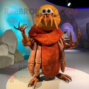 Rust Hermit Crab mascot costume character dressed with a Ball Gown and Mittens