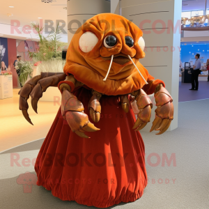 Rust Hermit Crab mascot costume character dressed with a Ball Gown and Mittens