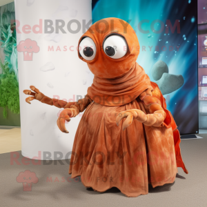Rust Hermit Crab mascot costume character dressed with a Ball Gown and Mittens