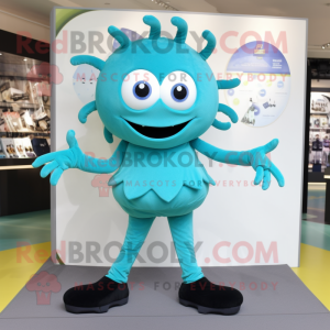 Cyan Spider mascot costume character dressed with a Turtleneck and Shoe clips