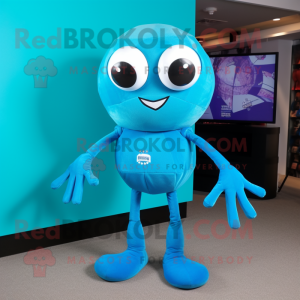 Cyan Spider mascot costume character dressed with a Turtleneck and Shoe clips