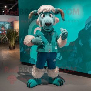 Teal Ram mascot costume character dressed with a Henley Shirt and Hairpins