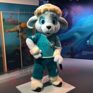 Teal Ram mascot costume character dressed with a Henley Shirt and Hairpins
