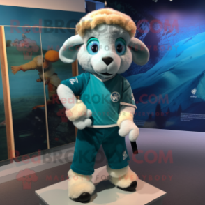 Teal Ram mascot costume character dressed with a Henley Shirt and Hairpins