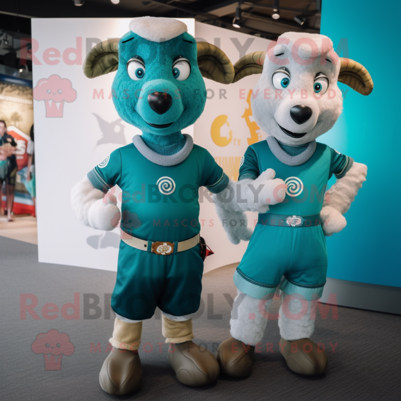 Teal Ram mascot costume character dressed with a Henley Shirt and Hairpins