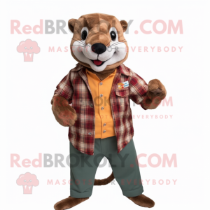Brown Mongoose mascot costume character dressed with a Flannel Shirt and Pocket squares