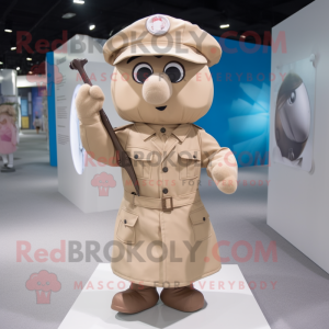 Beige Soldier mascot costume character dressed with a Raincoat and Tie pins