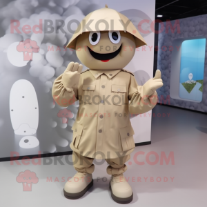 Beige Soldier mascot costume character dressed with a Raincoat and Tie pins