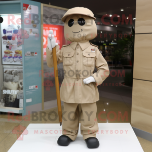 Beige Soldier mascot costume character dressed with a Raincoat and Tie pins