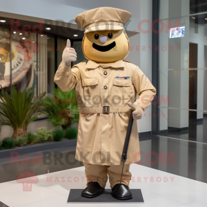 Beige Soldier mascot costume character dressed with a Raincoat and Tie pins