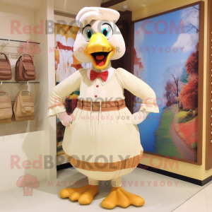 Cream Turkey mascot costume character dressed with a Maxi Dress and Suspenders