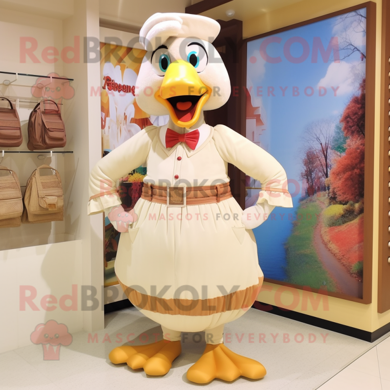 Cream Turkey mascot costume character dressed with a Maxi Dress and Suspenders Cream Turkey mascot costume character dressed with a Maxi Dress and Suspenders