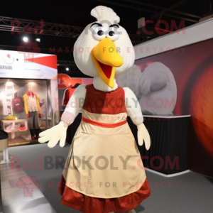 Cream Turkey mascot costume character dressed with a Maxi Dress and Suspenders