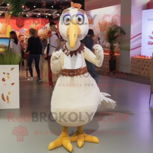 Cream Turkey mascot costume character dressed with a Maxi Dress and Suspenders