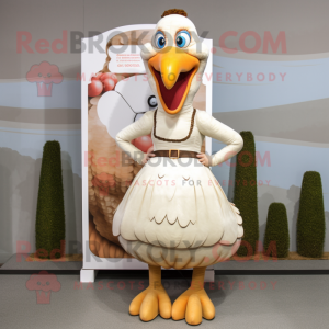 Cream Turkey mascot costume character dressed with a Maxi Dress and Suspenders
