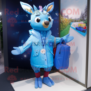 Blue Deer mascot costume character dressed with a Raincoat and Messenger bags