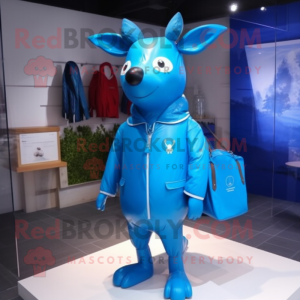 Blue Deer mascot costume character dressed with a Raincoat and Messenger bags