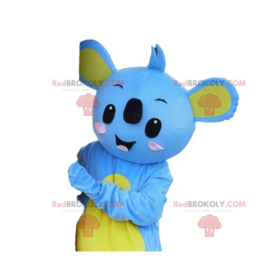 Mascotte de koala bleu et jaune, costume de koala -