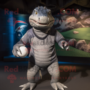 Gray Komodo Dragon mascot costume character dressed with a Rugby Shirt and Caps