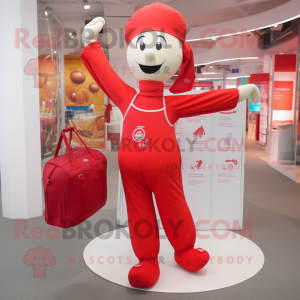 Red Acrobat mascot costume character dressed with a Chinos and Tote bags