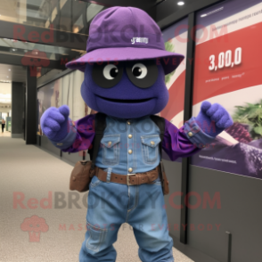 Purple Para Commando mascot costume character dressed with a Boyfriend Jeans and Hat pins