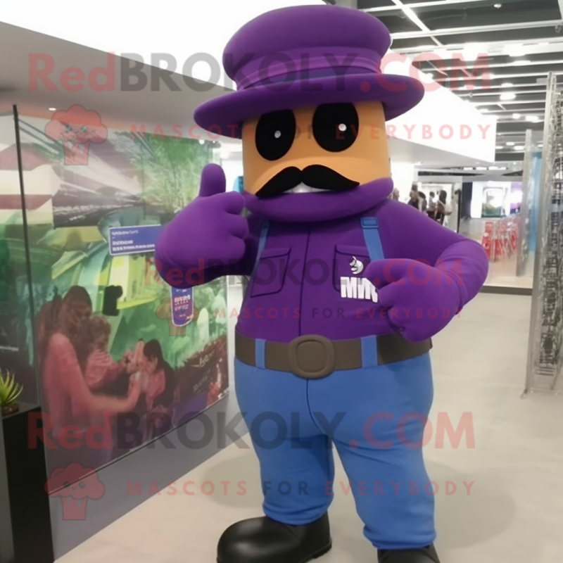 Purple Para Commando mascot costume character dressed with a Boyfriend Jeans and Hat pins