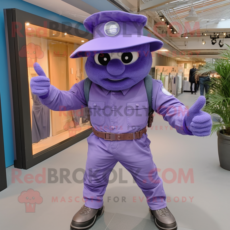 Purple Para Commando mascot costume character dressed with a Boyfriend Jeans and Hat pins