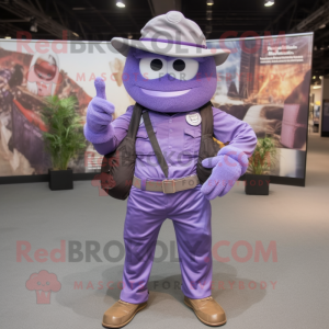 Purple Para Commando mascot costume character dressed with a Boyfriend Jeans and Hat pins