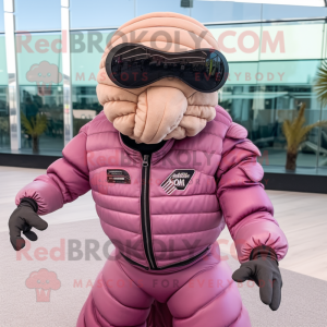 Pink Trilobite mascot costume character dressed with a Leather Jacket and Sunglasses