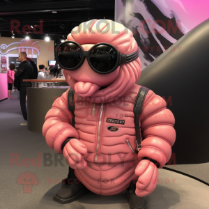 Pink Trilobite mascot costume character dressed with a Leather Jacket and Sunglasses