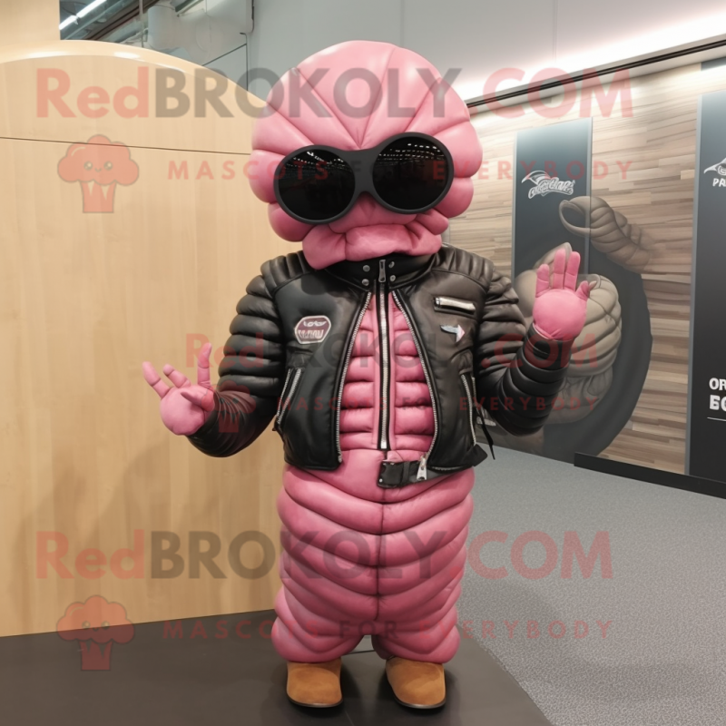 Pink Trilobite mascot costume character dressed with a Leather Jacket and Sunglasses