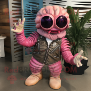 Pink Trilobite mascot costume character dressed with a Leather Jacket and Sunglasses