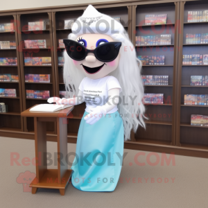 White Mermaid mascot costume character dressed with a Capri Pants and Reading glasses